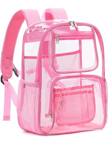 Heavy Duty Clear Backpack For Kids Women Men Boys Girls, 17 Inch Large See Through Backpack, 360° 3M Reflective Strips Clear Bookbag, Transparent Bag For School College Sport Work Security, Pink - color: 1# Pink