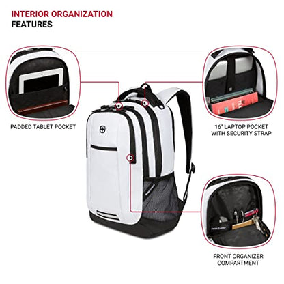 SWISSGEAR Cecil 18-Inch Laptop Backpack Fits 16-Inch Laptop, Travel Daypack with Organizer Pockets, Water Bottle Holders & Padded Straps – White - color: White