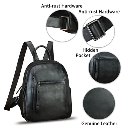 Genuine Leather Backpack for Women Vintage Casual Daypack Purse Back Bag Handmade Knapsack Western Rucksack (Black)