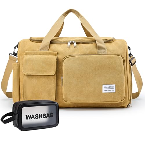 Small Gym Bag for Women, Travel Duffle Bag Carry On Weekender Bag with Shoe Compartment - color: Canvas-Brown, style: Gym Bag&toiletry Bag