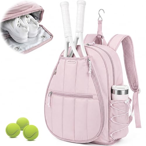 Quilted Tennis Gym Backpack for women Tennis Bag Holds 2 Rackets with Top Panel & Ventilated Shoe Compartment Sports Duffle Bags with Wet Pocket & Fence Hook - color: Pink
