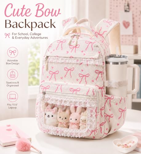 LEDAOU School Backpack for Teen Girls Elementary Middle School Bookbag Kids Backpacks Women Laptop Backpack Travel Daypack (Lace Clear Pocket - Bow Beige) - color: Lace Clear Pocket - Bow Beige