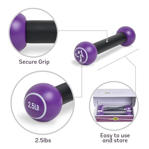 ZUMBA Set of 1 and 2.5 lb Dumbbells, Compact, Vibrant Purple Dumbbells for Women, 12 Pounds, Metal with Silicone Handle, Perfect for Home Workouts