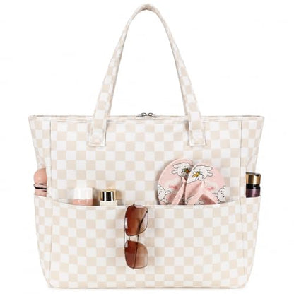 LEDAOU Beach Bag Waterproof Sandproof Women Beach Tote Pool Bag with Zipper for Swim Gym Grocery Travel with Wet Pocket | Sandproof - color: Light Khaki White Checkered