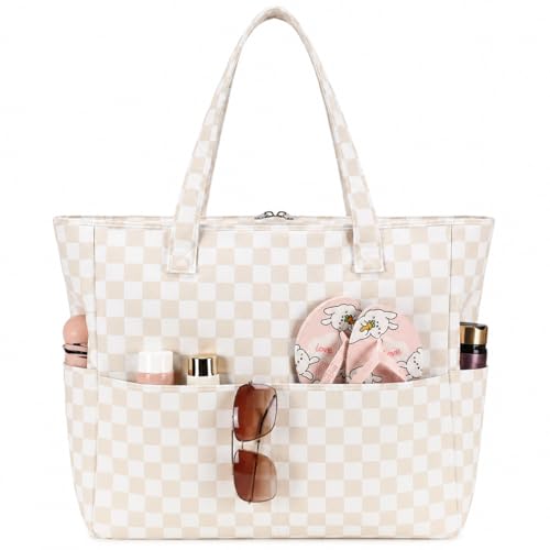 LEDAOU Beach Bag Waterproof Sandproof Women Beach Tote Pool Bag with Zipper for Swim Gym Grocery Travel with Wet Pocket | Sandproof - color: Light Khaki White Checkered
