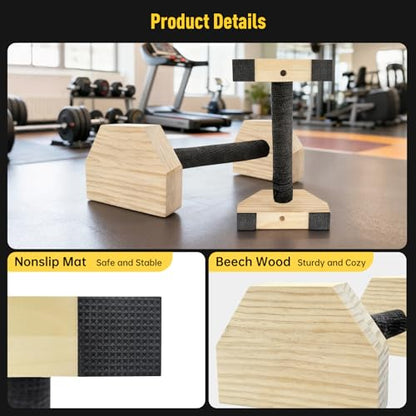 Push-up Stand, Wooden Parallettes Bars for Handstand Training, Solid Push Up Bars & Calisthenics Bar, with Non-Slip strap, Exercise Home Workout Equipment for Men Strength Training