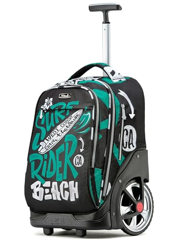 NEW TILAMI 19 inch Rolling Backpack Teens Rolling Backpack Cute Wheeled Laptop Backpack Bookbag Roller Travel Bag College, Surf Rider - color: Green Surf Rider