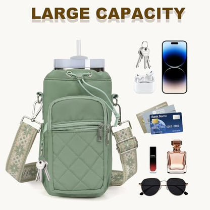 Water Bottle Holder with Strap, 32oz 40oz Insulated Water Bottle Carrier Bag, Purse Crossbody Sling Bag with Phone Pocket for Walking Hiking - color: green
