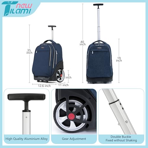 NEW TILAMI 19 inch Rolling Backpack Teens Rolling Backpack Cute Wheeled Laptop Backpack Bookbag Roller Travel Bag College, Navy Blue - color: Navy Blue