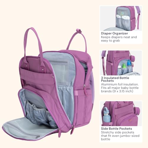 BabbleRoo Diaper Bag Backpack - Baby Essentials Travel Tote - Multi Function Water Resistant Diaper Bag, Travel Essentials Baby Bag with Changing Pad, Stroller Straps & Pacifier Case - Unisex, Purple - color: Purple, size: Large
