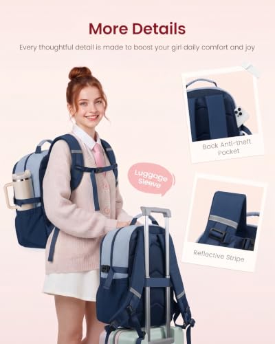 LOVEVOOK School Backpack for Teen Girls, Unique Style College Student Backpacks with Large Cup Holder, Cute Kid Bookbag with Pens Compartment, Large Capacity Back to School Backpack Fit 15.6'' Laptop - color: Navy Blue, size: Medium