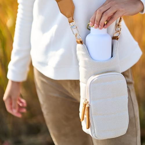 WanderFull® Original HydroBag®, Fits Up to 32 oz Water Bottle Holder with Strap, Gift for Women, Hands-Free Crossbody, Water Bottle Carrier Bag with Phone Pocket - color: Oatmeal Canvas
