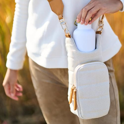 WanderFull® Original HydroBag®, Fits Up to 32 oz Water Bottle Holder with Strap, Gift for Women, Hands-Free Crossbody, Water Bottle Carrier Bag with Phone Pocket - color: Oatmeal Canvas