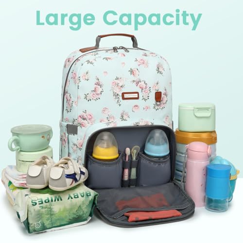 Diaper Bag Backpack, Large Baby Nappy Bags with Portable Changing Pad for Boys and GirlsMultifunction Travel Baby Bag for Moms Dads, Shower Gifts Waterproof and Stylish，Flower Green - color: Flower Green