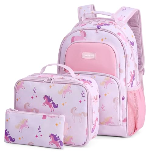mommore Kids Backpack for Boys Girls 4-8 Kindergarten Elementary School Backpack with Lunch Box - 15” H Fit Folder - color: Unicorn Leaf, style: 3 Pcs