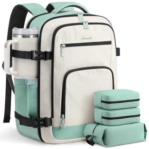 LOVEVOOK Travel Backpack for Women, 50L Carry On Backpack Flight Approved - color: Beige-black-sage Green, size: 50l-18 Inch-4pcs Standard