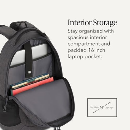 SwissGear 5505 Cecil 16” Laptop Backpack Charcoal – Daily Laptop Bag with Gear Attachment Options – Multiple Organizer Pockets & Padded Shoulder Straps - color: Charcoal