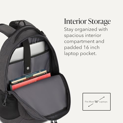 SwissGear 5505 Cecil 16” Laptop Backpack Charcoal – Daily Laptop Bag with Gear Attachment Options – Multiple Organizer Pockets & Padded Shoulder Straps - color: Charcoal