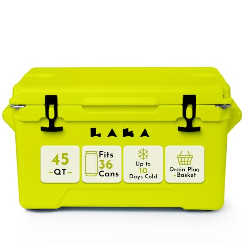 Laka Cooler – 45 Quart Rotomolded Hard Cooler, Insulated Ice Chest Holds 36 Cans/45 lb Ice, Up to 7 Days Cold, Drain Plug + Basket, Non-Slip Feet, Beach Boat Camping Tailgate - color: Yellow