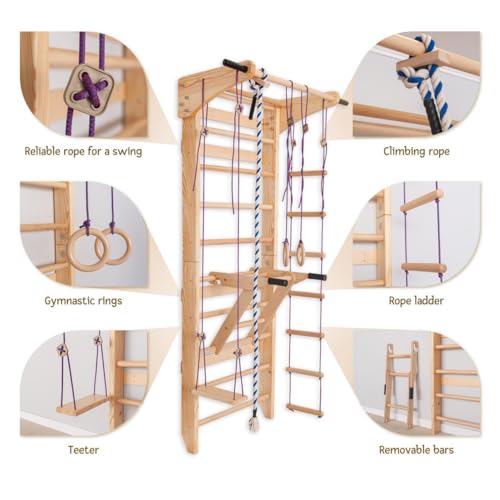 Swedish Ladder Wall Bars with Pull-Up Bar, Dip Station & Accessories for Kids and Adults – Wooden Stall Bars Home Gym with Gymnastic Rings, Rope, Swing & Climbing Ladder