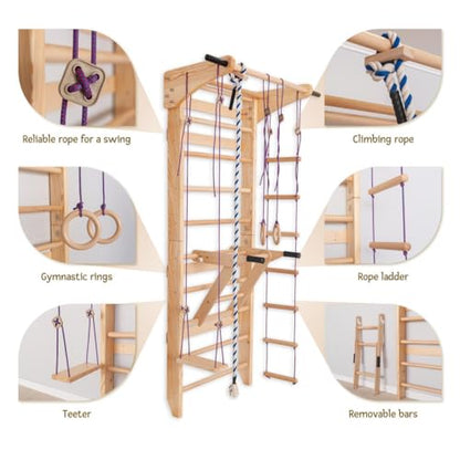 Swedish Ladder Wall Bars with Pull-Up Bar, Dip Station & Accessories for Kids and Adults – Wooden Stall Bars Home Gym with Gymnastic Rings, Rope, Swing & Climbing Ladder