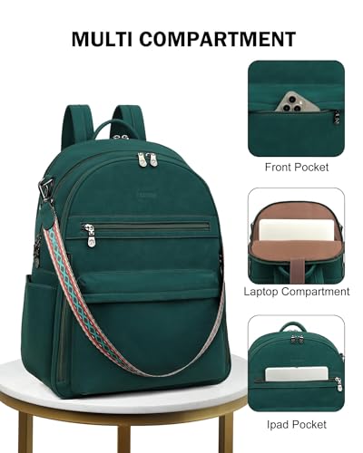 FADEON 15.6 inch Laptop Backpack Purse for Women Designer PU Leather Computer Backpacks Fashion for Work Travel Green - color: Dark Green Nubuck Style