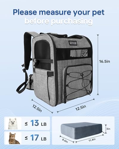 Hiking Dog Carrier Backpack, Padded Height-Enhancing Design, Adjustable Waist Cushioning Belt with Breathable Padded Back Support, Dog Carrier Backpack for Small Dogs Max 13LB Grey with Pad - color: Grey