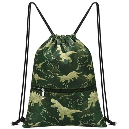 WAWASAM Kids Drawstring Backpack, Gym Swim Bag Cinch Bag for Girls Boys with Zipper Pocket - color: Dinosaur C