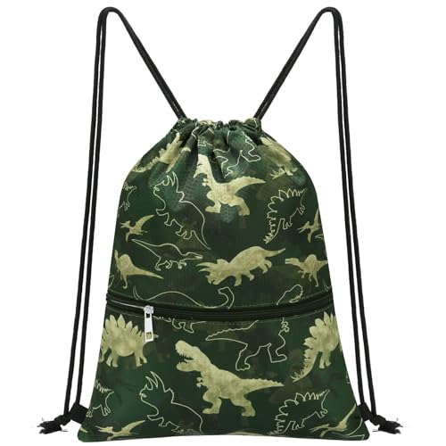 WAWASAM Kids Drawstring Backpack, Gym Swim Bag Cinch Bag for Girls Boys with Zipper Pocket - color: Dinosaur C