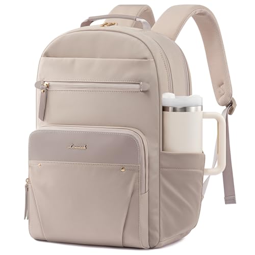 LOVEVOOK Laptop Backpack for Women with Leather Trim & Tumbler Pockets, 15.6" Work Backpack Purse, Travel Personal Item Bag, Carry On Business Computer Bag for Office, School, or Gift, Soft Milk - color: Soft Milk, size: 15.6 inches
