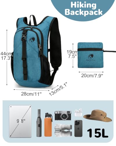 Folding Hiking Backpack with Phone Pocket for Men Women, Small Ultralight Packable Casual Daypack with Shoulder Chest Straps for Travel, 15L Foldable Lightweight Day Pack, Blue - color: Lake Blue