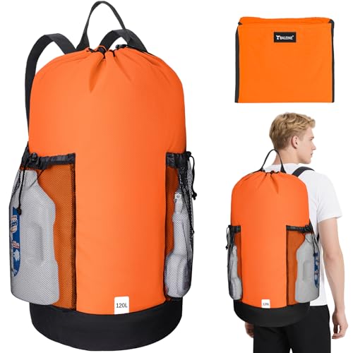 BALEINE 120L Laundry Bag Backpack, 900D Oxford Fabric Large Travel Laundry Bags with Shoulder Straps and 2 Mesh Pockets for College Dorm, Apartment, Laundromat (Orange, 120L) - color: Orange, size: 120L