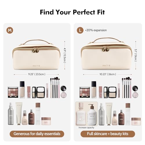Prite Makeup Bag for Women Travel Waterproof Vegan Leather Cosmetic Bag Open Flat Toiletry Bag With Clear Divider and Handle (Beige, Medium) - color: Beige, size: Medium