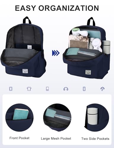VASCHY Lightweight Backpack for School, Classic Basic Water Resistant Casual Daypack for Travel with Bottle Side Pockets (Navy) - color: Navy Blue