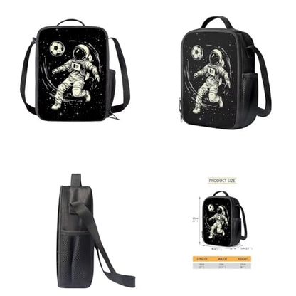 Backpack for Boys Girls Astronaut Playing Soccer Lunch Bag with Handles Novelty Pencil Case for Stationery Essentials Reusable Water Bottle Holder with Adjustable Strap 4PCS Backpack Set - color: Astronaut Playing Soccer