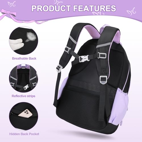 DIGOBAY Backpack for Girls, 3PCS Girls Backpack for School with Lunch Bag Pencil Case, Cute Kids Teens Bookbag for Kindergarten Elementary Preschool Middle School (Black-Purple) - color: Black-purple
