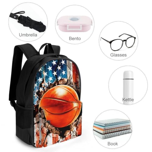 Basketball American Flag Backpack, Durable Polyester Daypack with Laptop Compartment, Reinforced Bottom, Adjustable Shoulder Straps And Multi Pockets for Travel And Daily Use - color: Basketball American Flag