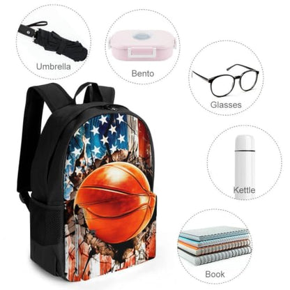 Basketball American Flag Backpack, Durable Polyester Daypack with Laptop Compartment, Reinforced Bottom, Adjustable Shoulder Straps And Multi Pockets for Travel And Daily Use - color: Basketball American Flag