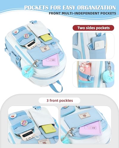 Hidds Laptop Backpacks 15.6 Inch School Bag Elementary Middle High College Backpack Cute Bookbags Anti Theft Travel Back Pack Casual Daypack Kids Book Bag for Teens Girls Women Students-Blue Beige - color: Blue Beige