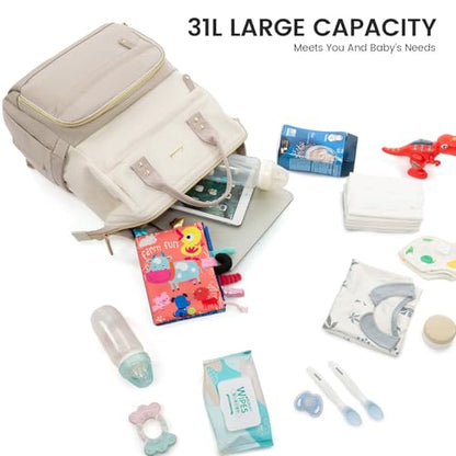 LOVEVOOK Diaper Bag Backpack, Baby Bag with Changing Station, Large Diaper Backpack for Moms Dads, Waterproof Leather Accents Baby Boy and Girl Bag for Travel Baby Essentials - color: Khaki-beige