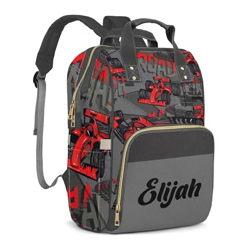 Custom Diaper Bag with Name, Personalized School Bag for Boys Red Car Pattern, Monogram Nappy Backpack with Thermal Pockets for Adults, Large Capacity Waterproof Diaper Bag, Travel Gifts - color: Red Car
