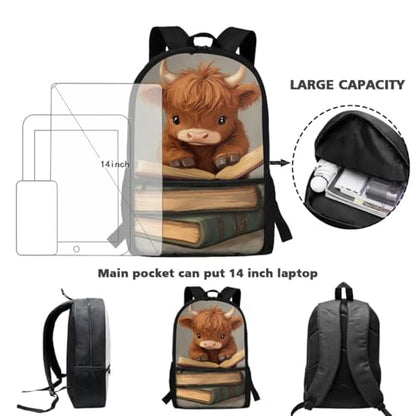 ZOUTAIRONG Cute Highland Cow Backpack for School Mini Thermos School Bags for Girls Boys 7-10/10-12/12-16, Large Capacity Casual Bookbag with Side Pockets - color: Cute Highland Cow