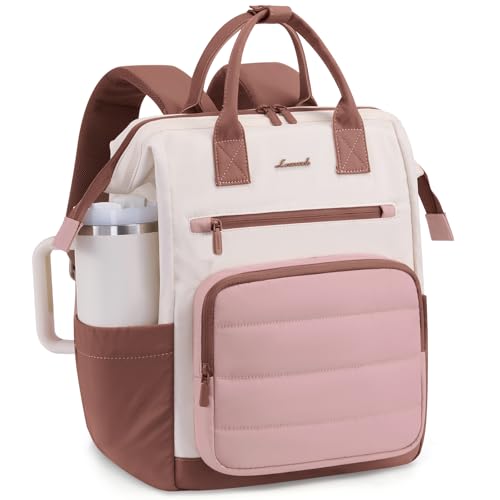 LOVEVOOK Puffer Laptop Backpack for Women, 15.6 Inch Work Backpack purse for Nurse Teacher, College Back to School Bookbag for Teen Girls, Personal Item Travel Bag Computer Daypack for Daily Commute - color: Beige-brown-pink, size: 15.6 Inch