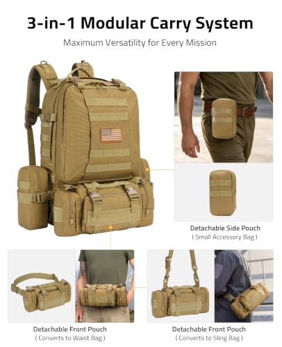 CVLIFE Tactical Backpack Military Army Rucksack 60L Large Assault Pack Detachable Molle Bag - color: Tan
