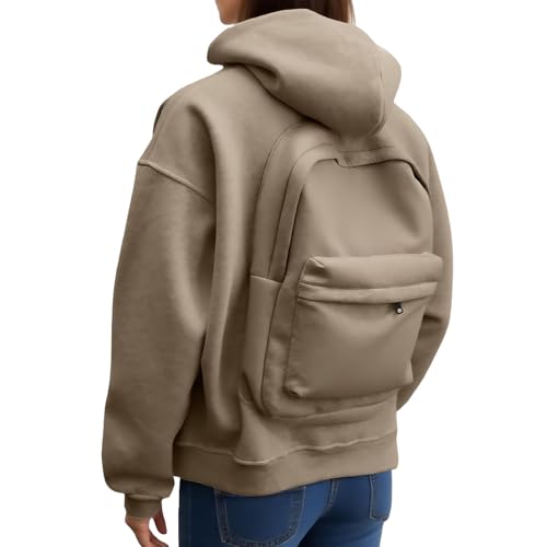 Backpack Hoodie for Men Women Zipper Cardigan Creative Hoodies Lightweight Travel Hooded Sweatshirts with Backpack - color: Khaki, size: Small