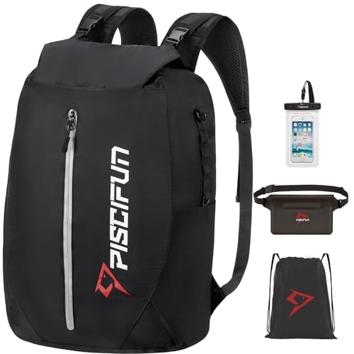 Piscifun Dry Bag Waterproof, Lightweight Dry Backpack Roll-Top Sealed with Waist Pouch and Phone Case Keeps Gear Dry Inside for Kayaking, Boating - color: Black, size: 20L