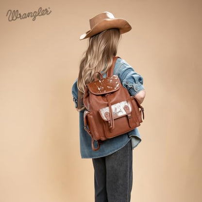 Montana West Wrangler Backpack Purse for Women Hair-on Cowhide Backpacks Western Travel Bags - color: Cowhide Brown