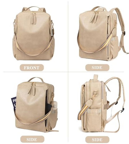 myfriday PU Leather Large Backpack Purse for Women Casual Travel Backpack Convertible Satchel Handbags With Luggage Strap (Biege) - color: Biege