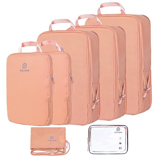 PFEYRPK Lightweight Compression Packing Cubes for Suitcases, Compressible Expandable Travel Packing Organizer with Clear Toiletries and Backpack Bag, Travel Essentials for Carry on Luggage 7 Set - color: Peach, size: 7 Set