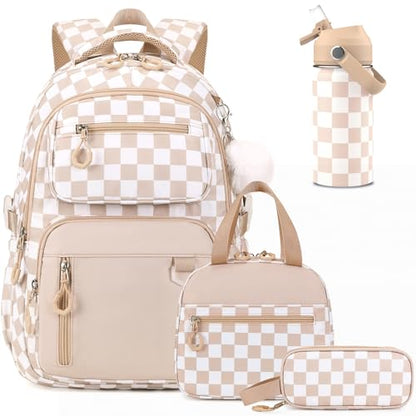 Bevalsa Backpack for Girls, School Bookbag Teen Girls Backpack Set with 14oz Insulated Water Bottle Stainless Steel, Lunch Bag & Pencial Case for Kids Elementary Middle Student (Khaki Checkerboard) - color: Khaki Checkerboard